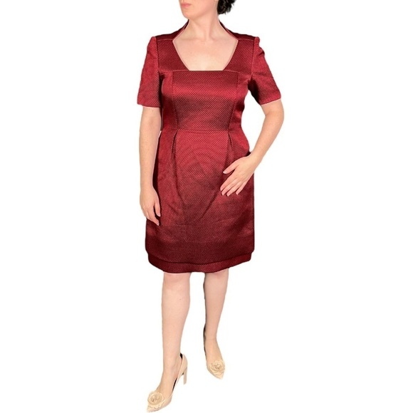 DARBY SCOTT TIERED SQUARE NECK SHORT SLEEVE JACQUARD RED HOLIDAY COCKTAIL DRESS - Picture 14 of 14